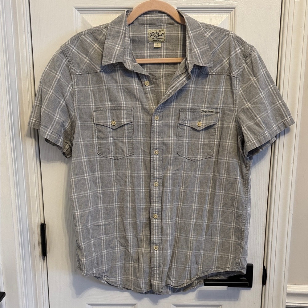 Lucky Brand Men’s Gray and White Plaid Shirt Sleeve Button Down Shirt Sz L